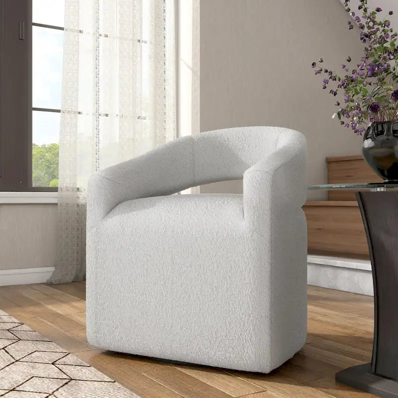 Modern Boucle Round Barrel Swivel Chair - 360° Rotation - Open Back - Curved Arms - 33"H x 27"W - 250 lbs Capacity - No Assembly - 2 Colors Available