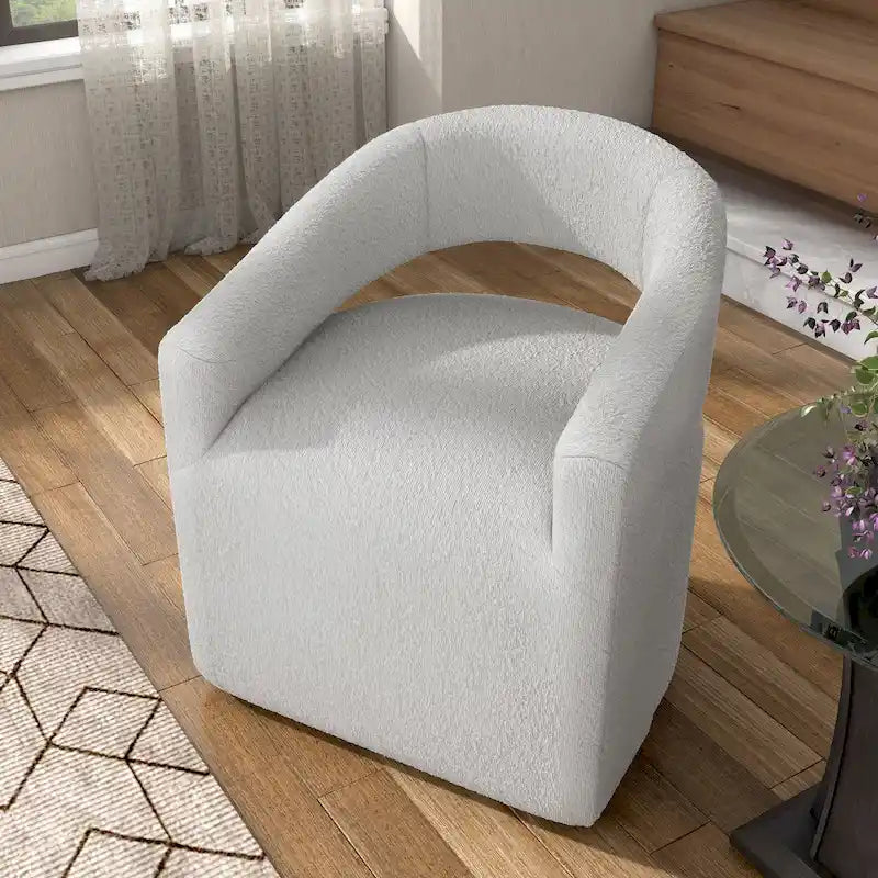 Modern Boucle Round Barrel Swivel Chair - 360° Rotation - Open Back - Curved Arms - 33"H x 27"W - 250 lbs Capacity - No Assembly - 2 Colors Available