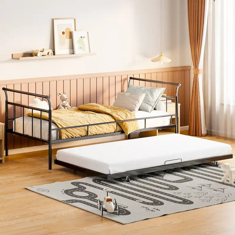 Twin Size Metal Daybed with Trundle, 82.4"L x 40.8"W x 34.1"H, Curved Handles, Iron Frame, No Box Spring Needed