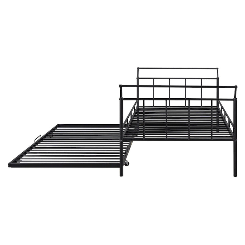 Twin Size Metal Daybed with Trundle, 82.4"L x 40.8"W x 34.1"H, Curved Handles, Iron Frame, No Box Spring Needed