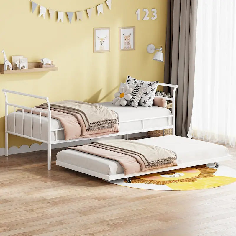 Twin Size Metal Daybed with Trundle, 82.4"L x 40.8"W x 34.1"H, Curved Handles, Iron Frame, No Box Spring Needed