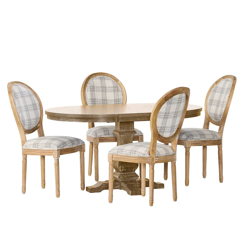 5-Piece Dining Set with Expandable Table & 4 Upholstered Chairs, French Country Style, Rubberwood