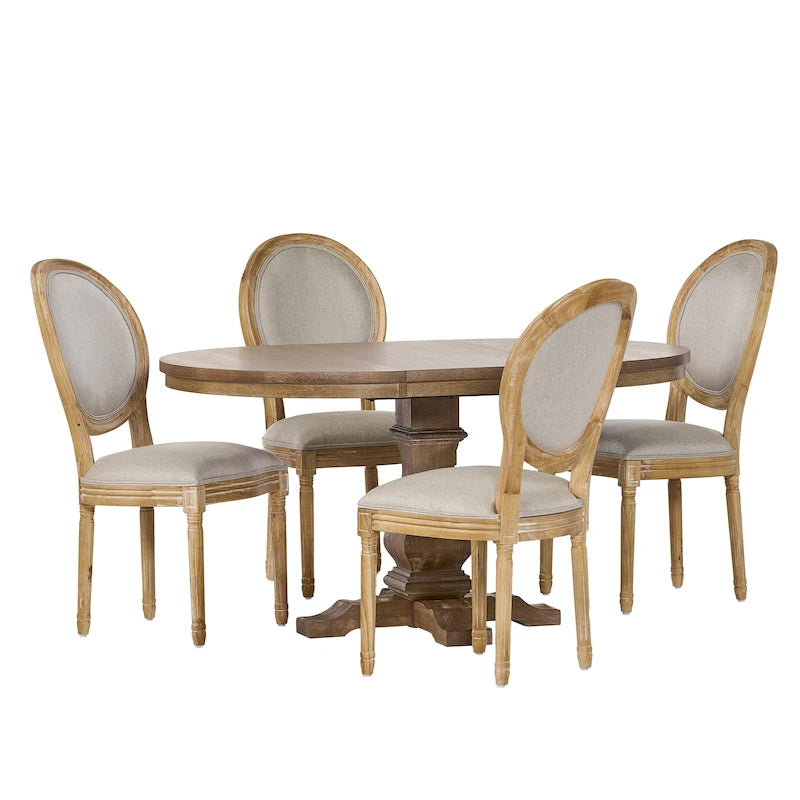 5-Piece Dining Set with Expandable Table & 4 Upholstered Chairs, French Country Style, Rubberwood