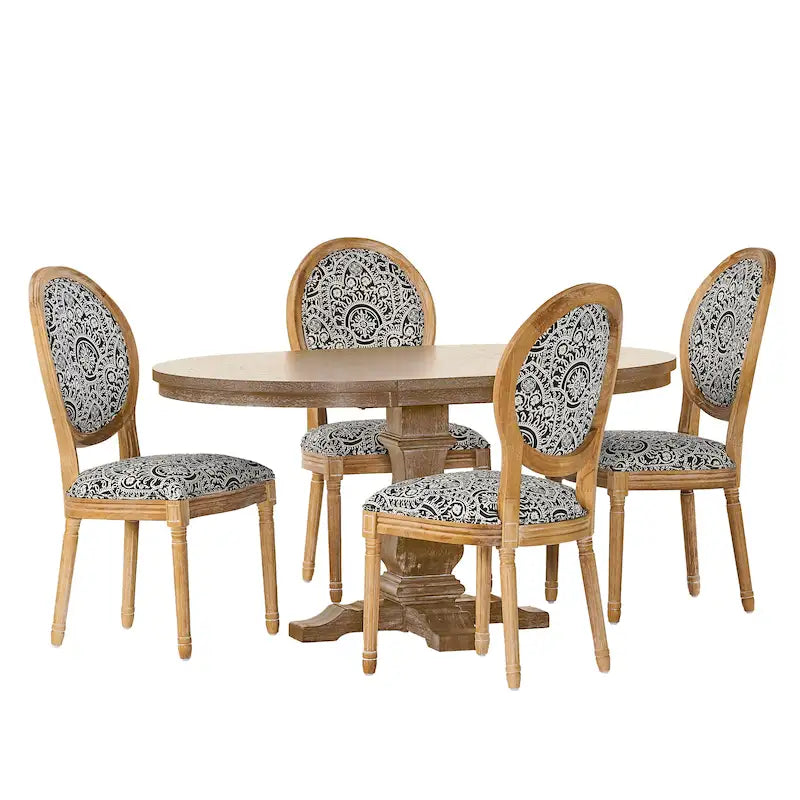 5-Piece Dining Set with Expandable Table & 4 Upholstered Chairs, French Country Style, Rubberwood