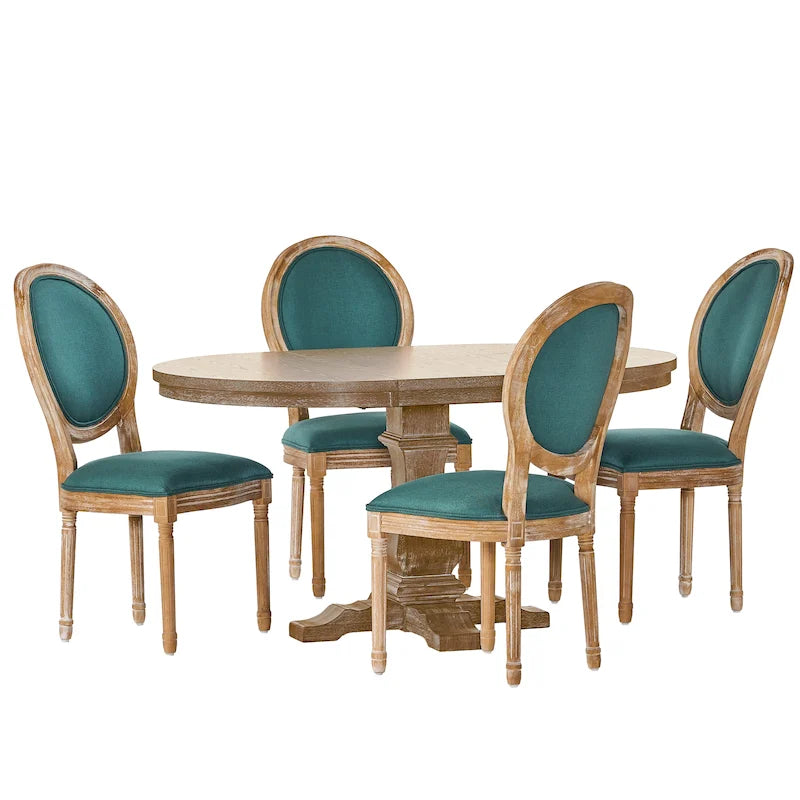 5-Piece Dining Set with Expandable Table & 4 Upholstered Chairs, French Country Style, Rubberwood