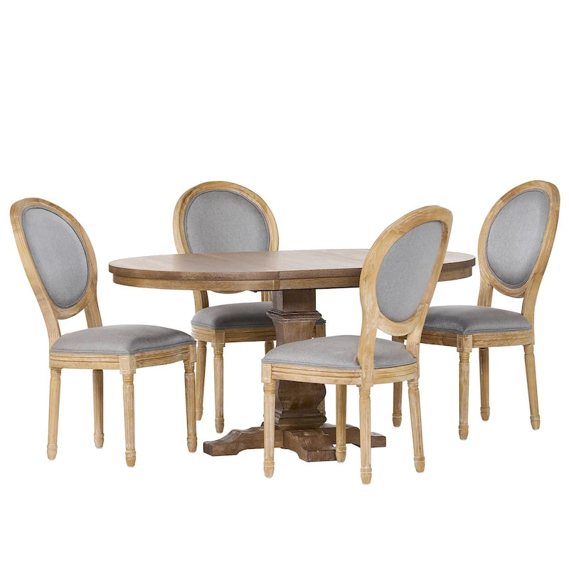 5-Piece Dining Set with Expandable Table & 4 Upholstered Chairs, French Country Style, Rubberwood