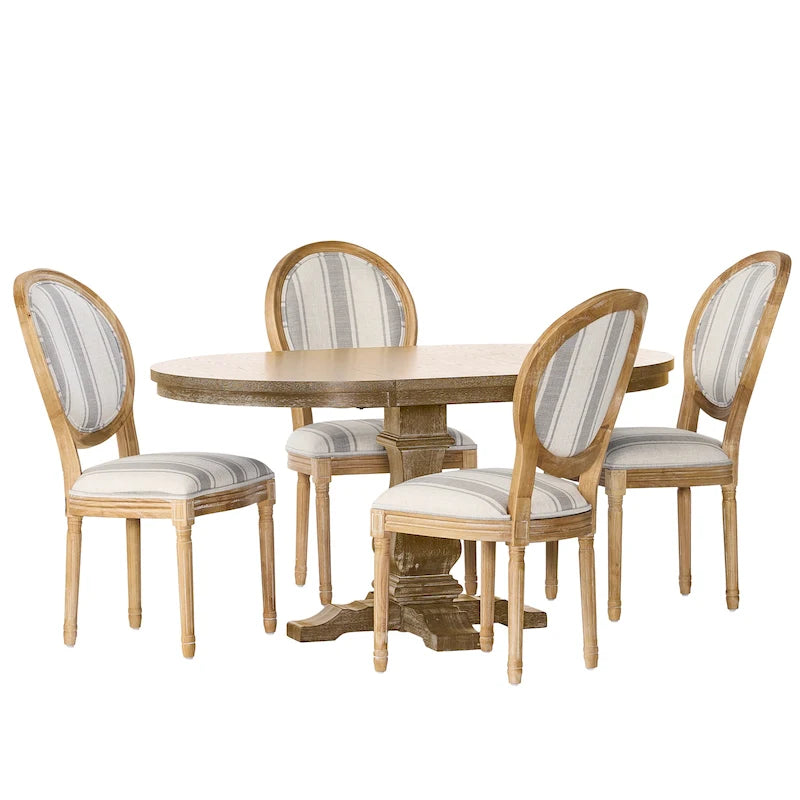 5-Piece Dining Set with Expandable Table & 4 Upholstered Chairs, French Country Style, Rubberwood