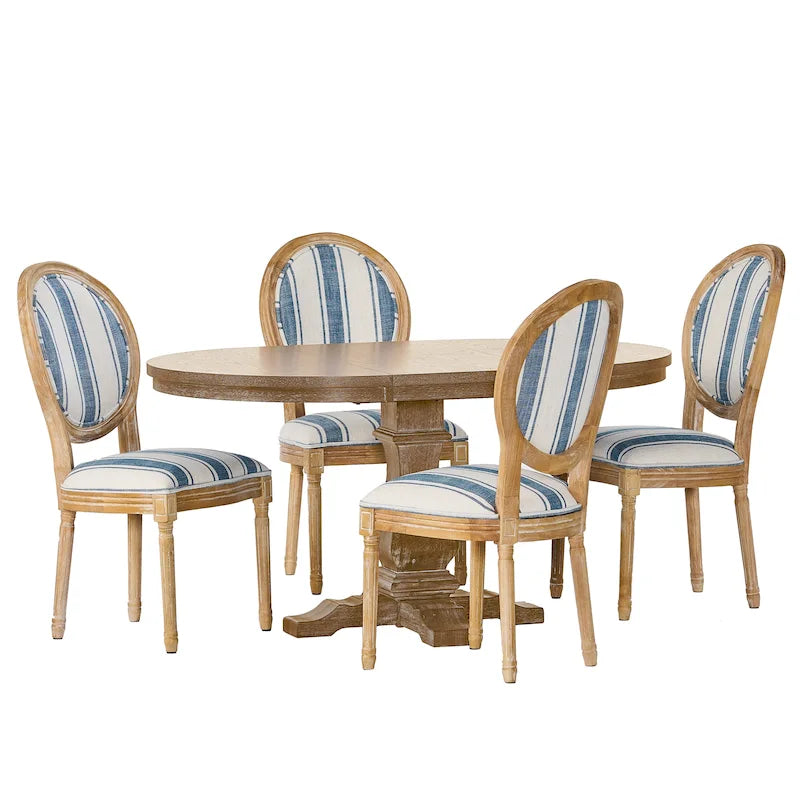 5-Piece Dining Set with Expandable Table & 4 Upholstered Chairs, French Country Style, Rubberwood
