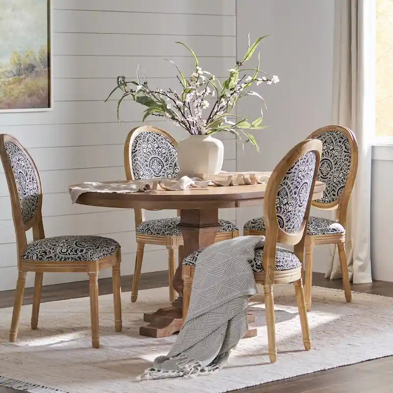 5-Piece Dining Set with Expandable Table & 4 Upholstered Chairs, French Country Style, Rubberwood