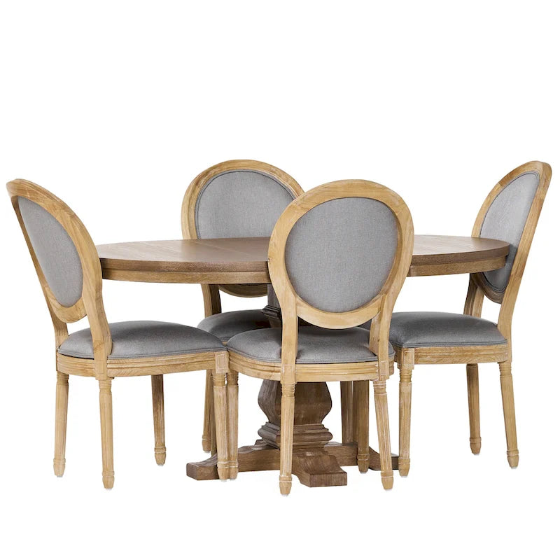 5-Piece Dining Set with Expandable Table & 4 Upholstered Chairs, French Country Style, Rubberwood