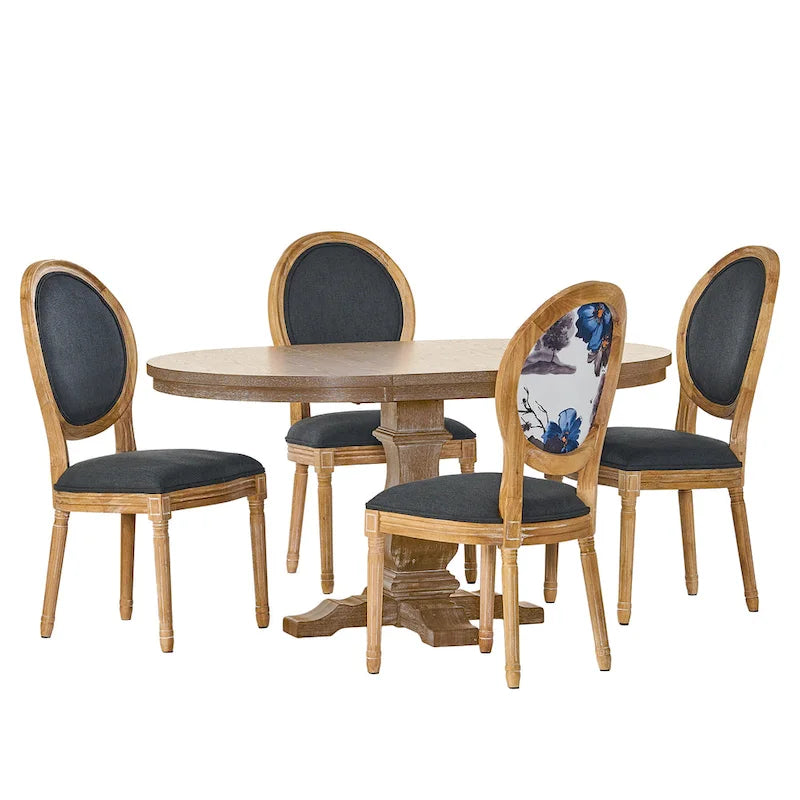 5-Piece Dining Set with Expandable Table & 4 Upholstered Chairs, French Country Style, Rubberwood