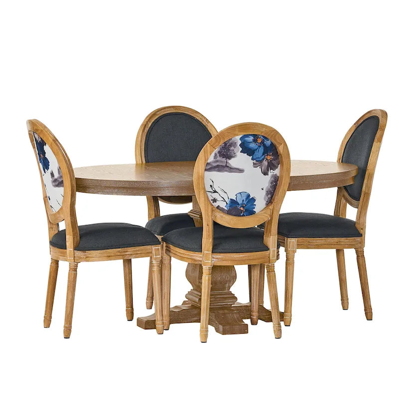 5-Piece Dining Set with Expandable Table & 4 Upholstered Chairs, French Country Style, Rubberwood