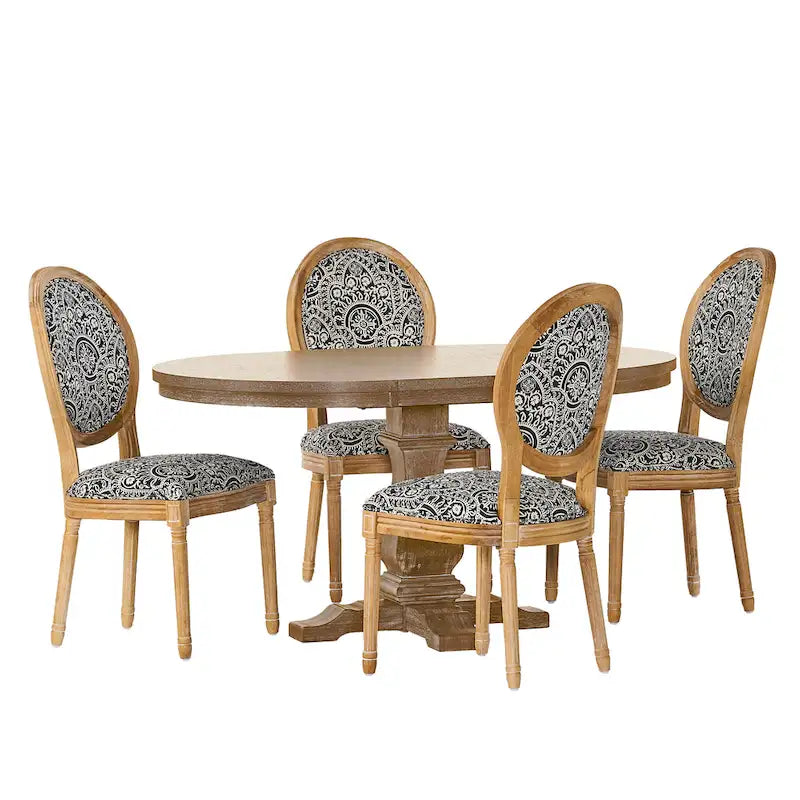 5-Piece Dining Set with Expandable Table & 4 Upholstered Chairs, French Country Style, Rubberwood