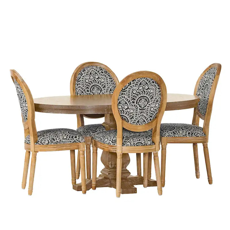 5-Piece Dining Set with Expandable Table & 4 Upholstered Chairs, French Country Style, Rubberwood
