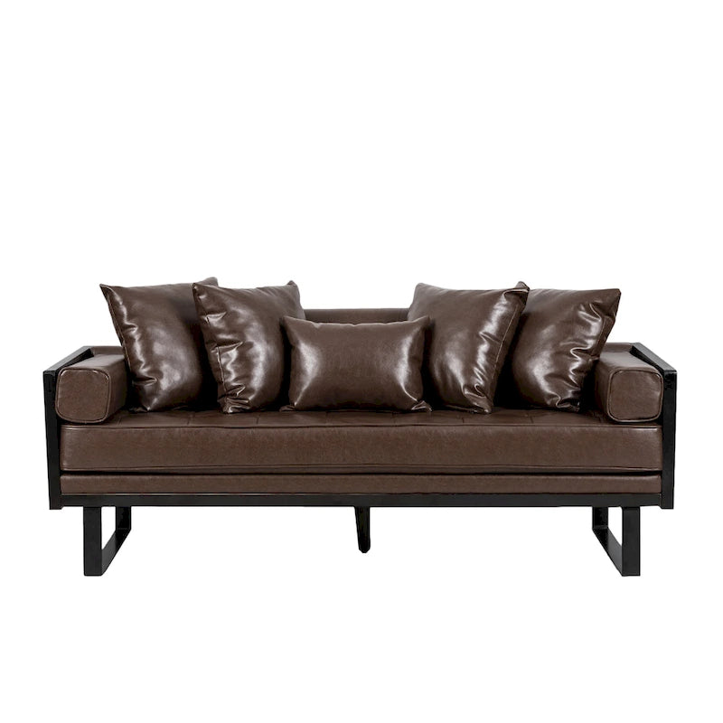Oversized Faux Leather Loveseat with 7 Accent Pillows, 72.5"W Button-Tufted Sofa, 600 lbs Capacity