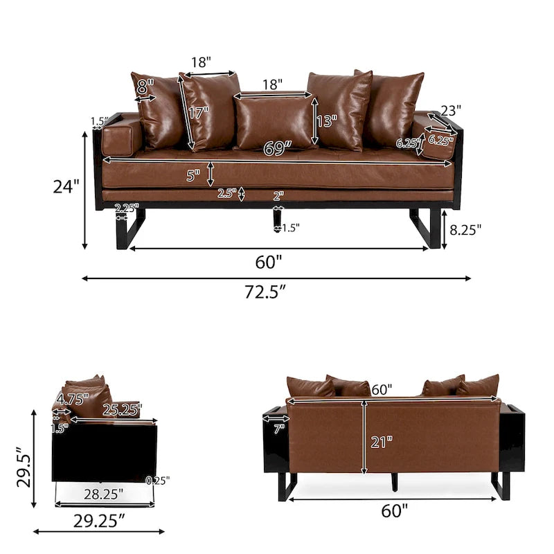 Oversized Faux Leather Loveseat with 7 Accent Pillows, 72.5"W Button-Tufted Sofa, 600 lbs Capacity
