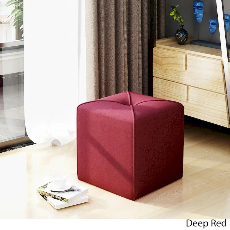 Tufted Square Ottoman Footstool, 17"H x 16.5"W x 16.5"D, Polyester Fabric, Modern Contemporary Seat, No Assembly Required