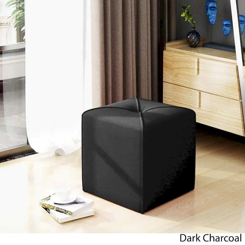 Tufted Square Ottoman Footstool, 17"H x 16.5"W x 16.5"D, Polyester Fabric, Modern Contemporary Seat, No Assembly Required