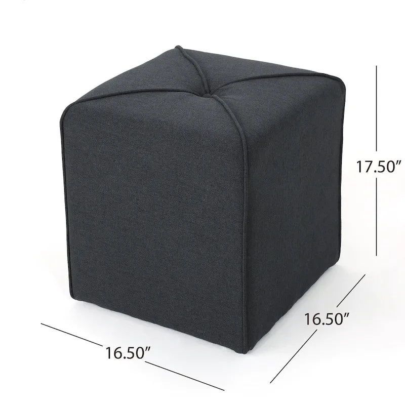 Tufted Square Ottoman Footstool, 17"H x 16.5"W x 16.5"D, Polyester Fabric, Modern Contemporary Seat, No Assembly Required