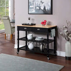 3-Tier Butcher Block Kitchen Cart - French Country Style with 2 Drawers, Wine Rack, Towel Bar, Locking Wheels, Solid Wood, 45" W