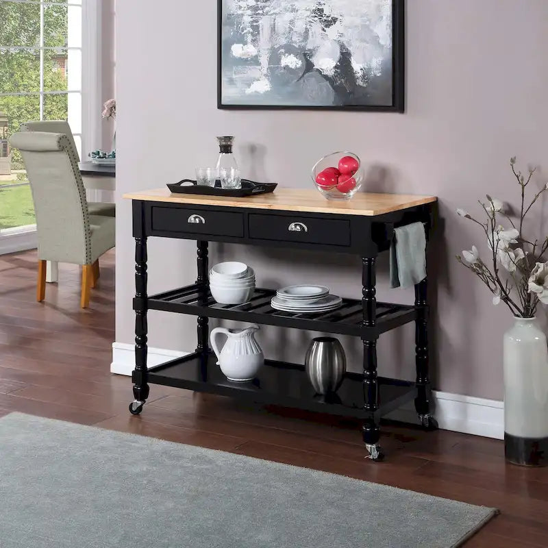 3-Tier Butcher Block Kitchen Cart - French Country Style with 2 Drawers, Wine Rack, Towel Bar, Locking Wheels, Solid Wood, 45" W