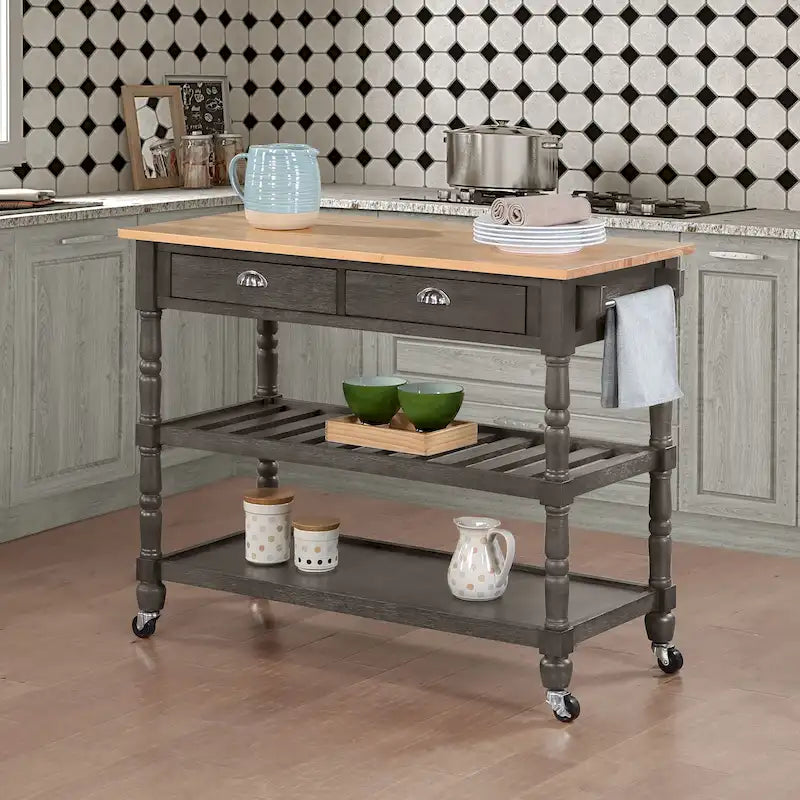 3-Tier Butcher Block Kitchen Cart - French Country Style with 2 Drawers, Wine Rack, Towel Bar, Locking Wheels, Solid Wood, 45" W