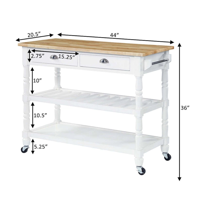 3-Tier Butcher Block Kitchen Cart - French Country Style with 2 Drawers, Wine Rack, Towel Bar, Locking Wheels, Solid Wood, 45" W