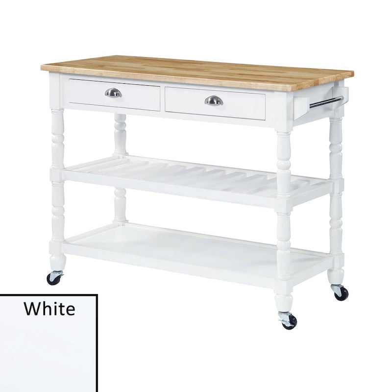 3-Tier Butcher Block Kitchen Cart - French Country Style with 2 Drawers, Wine Rack, Towel Bar, Locking Wheels, Solid Wood, 45" W