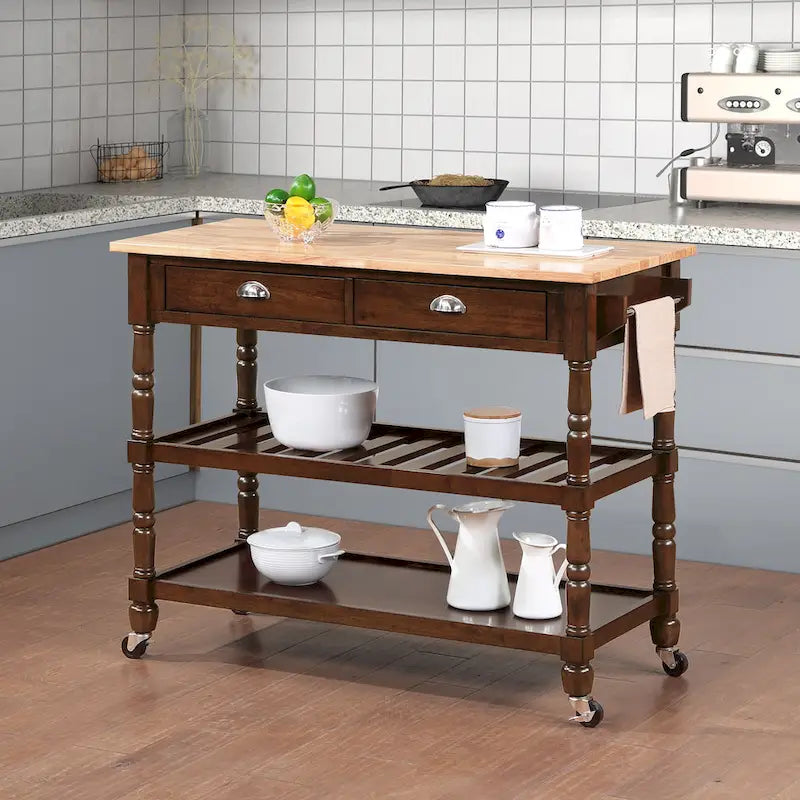 3-Tier Butcher Block Kitchen Cart - French Country Style with 2 Drawers, Wine Rack, Towel Bar, Locking Wheels, Solid Wood, 45" W