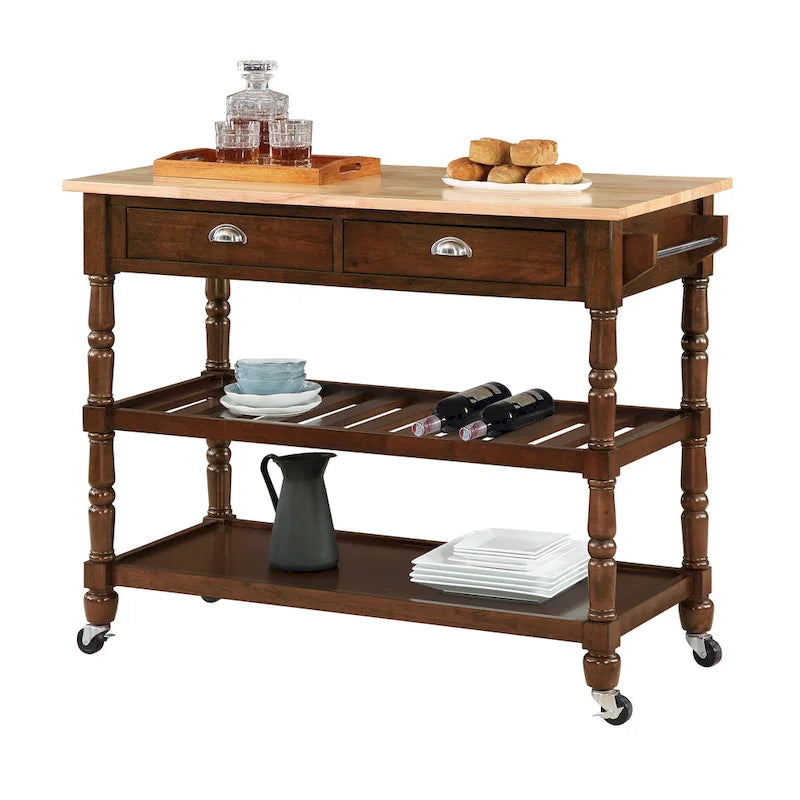 3-Tier Butcher Block Kitchen Cart - French Country Style with 2 Drawers, Wine Rack, Towel Bar, Locking Wheels, Solid Wood, 45" W