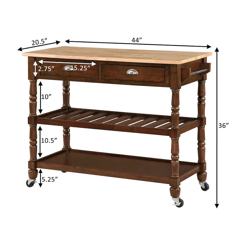 3-Tier Butcher Block Kitchen Cart - French Country Style with 2 Drawers, Wine Rack, Towel Bar, Locking Wheels, Solid Wood, 45" W