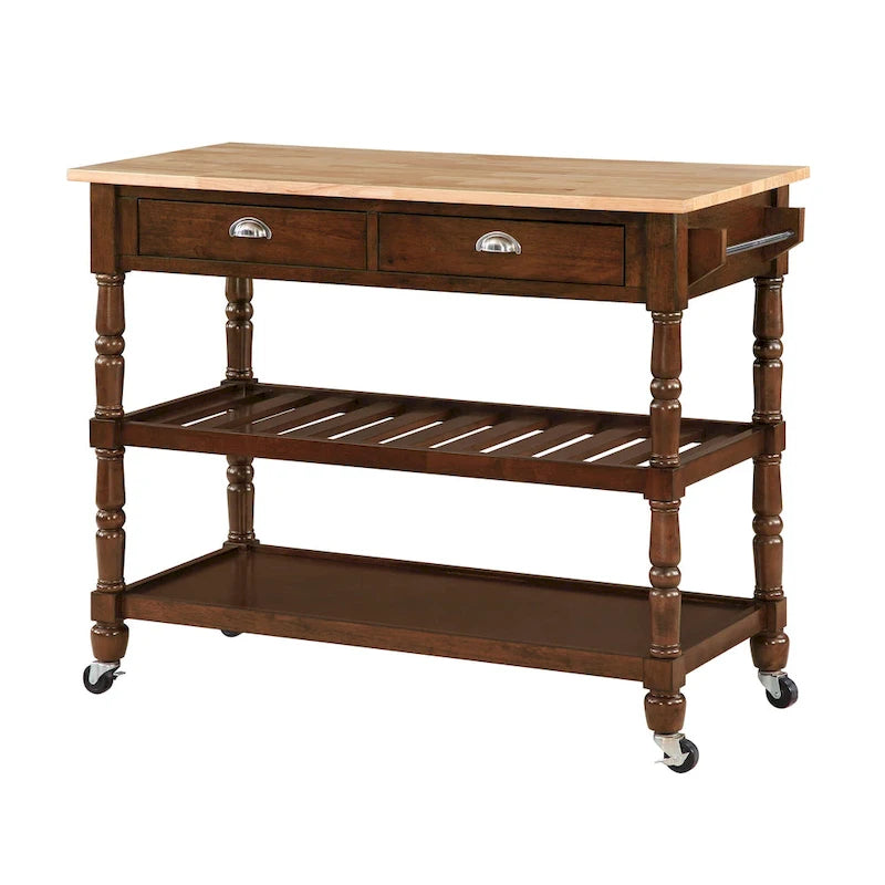 3-Tier Butcher Block Kitchen Cart - French Country Style with 2 Drawers, Wine Rack, Towel Bar, Locking Wheels, Solid Wood, 45" W