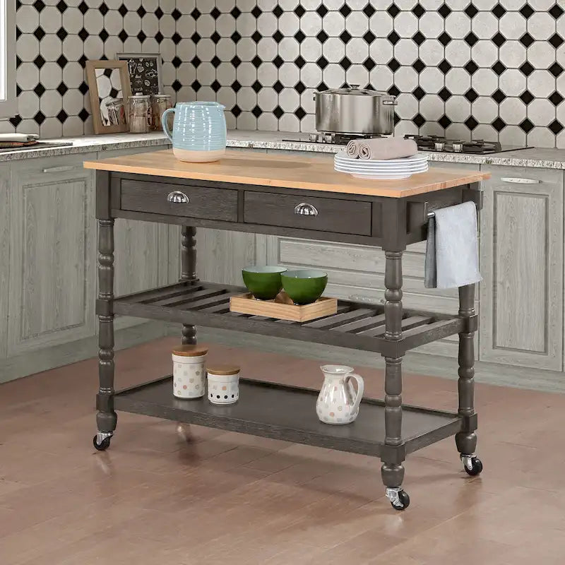 3-Tier Butcher Block Kitchen Cart - French Country Style with 2 Drawers, Wine Rack, Towel Bar, Locking Wheels, Solid Wood, 45" W
