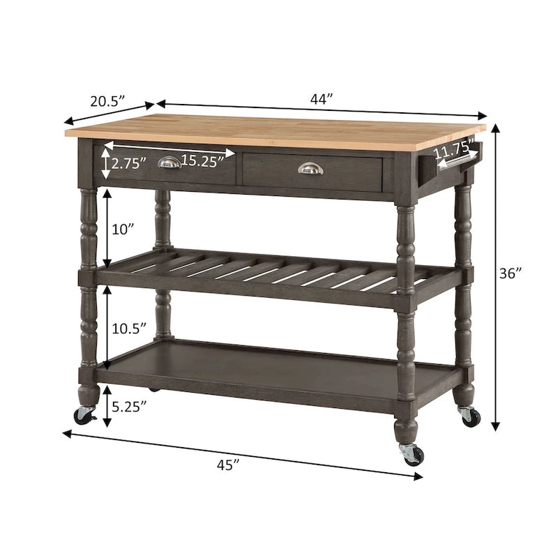 3-Tier Butcher Block Kitchen Cart - French Country Style with 2 Drawers, Wine Rack, Towel Bar, Locking Wheels, Solid Wood, 45" W