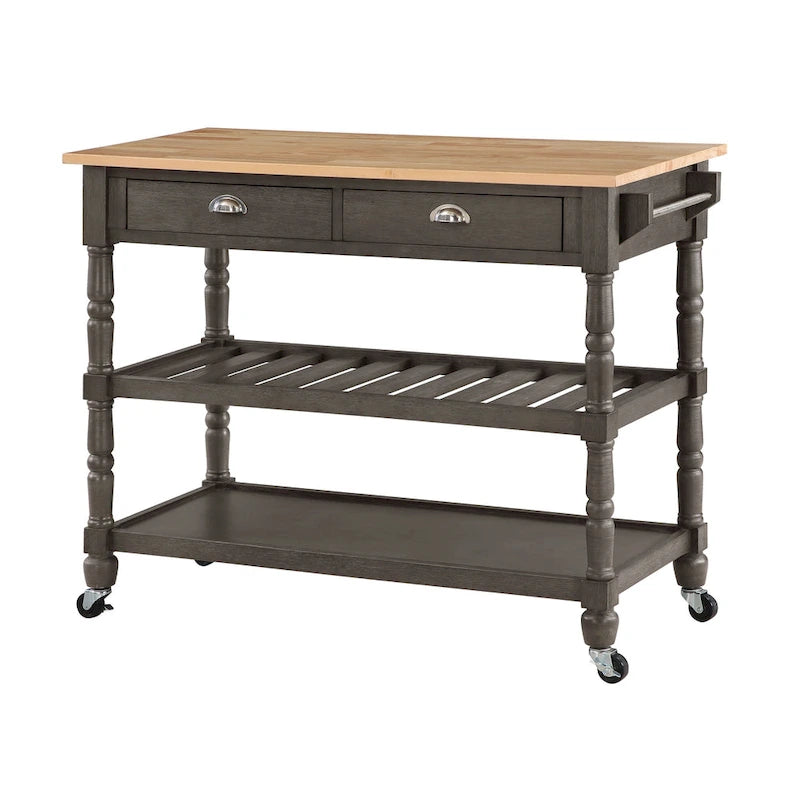 3-Tier Butcher Block Kitchen Cart - French Country Style with 2 Drawers, Wine Rack, Towel Bar, Locking Wheels, Solid Wood, 45" W