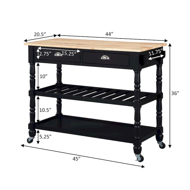 3-Tier Butcher Block Kitchen Cart - French Country Style with 2 Drawers, Wine Rack, Towel Bar, Locking Wheels, Solid Wood, 45" W