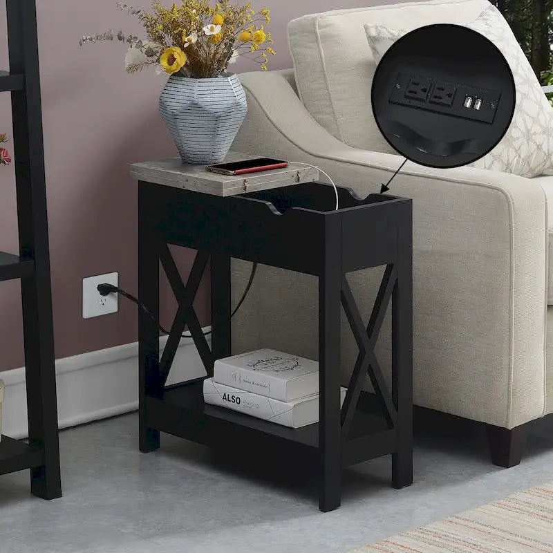 Flip Top End Table with Charging Station, 23.75"W x 11.25"D x 24"H, 2 USB Ports, 2 Outlets, Shelf, Coastal Style