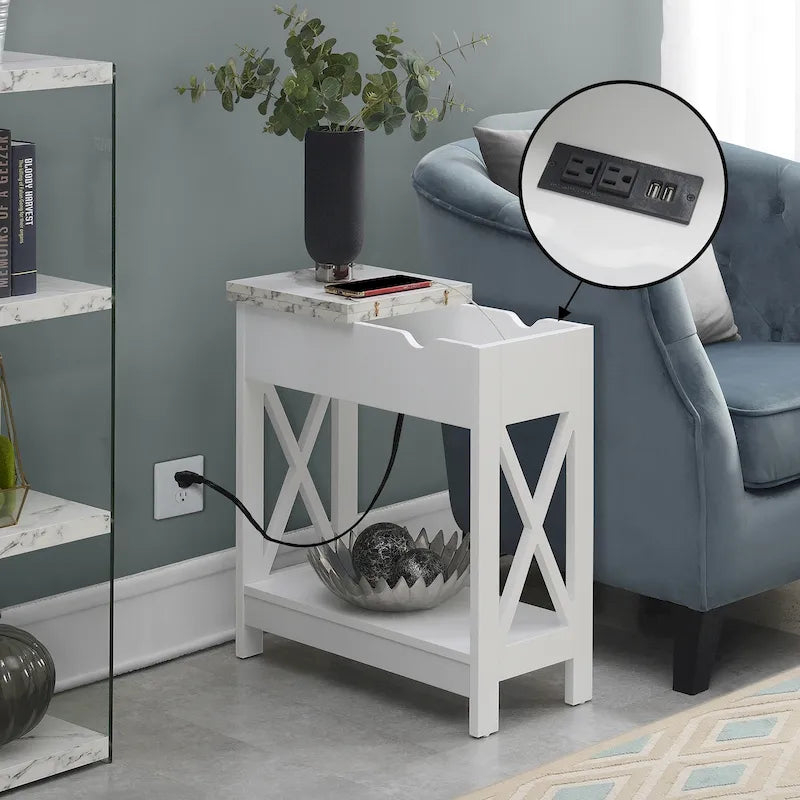 Flip Top End Table with Charging Station, 23.75"W x 11.25"D x 24"H, 2 USB Ports, 2 Outlets, Shelf, Coastal Style