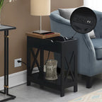 Flip Top End Table with Charging Station, 23.75"W x 11.25"D x 24"H, 2 USB Ports, 2 Outlets, Shelf, Coastal Style