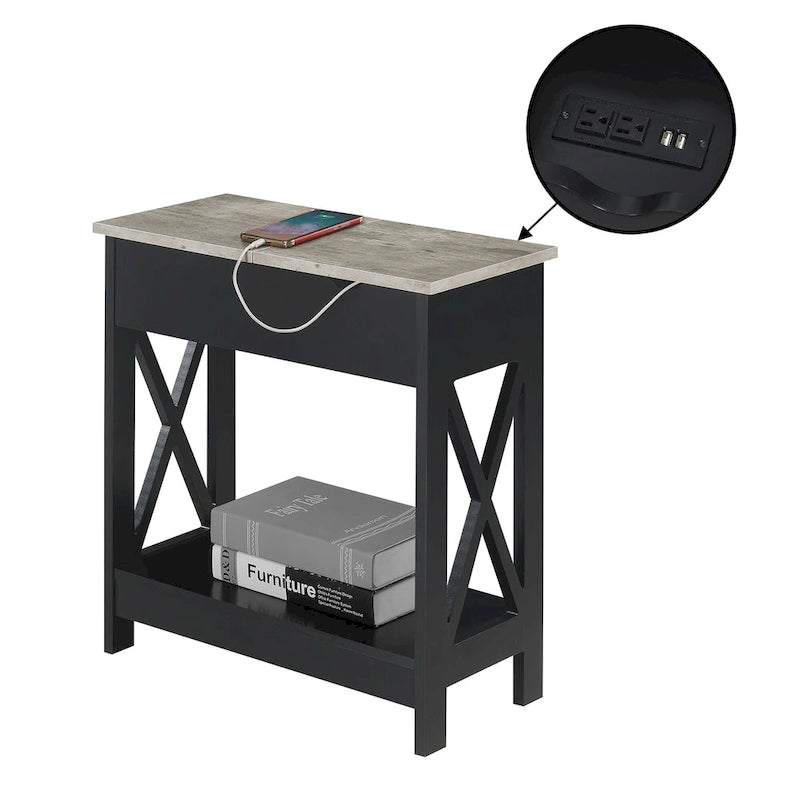 Flip Top End Table with Charging Station, 23.75"W x 11.25"D x 24"H, 2 USB Ports, 2 Outlets, Shelf, Coastal Style