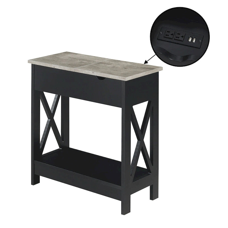 Flip Top End Table with Charging Station, 23.75"W x 11.25"D x 24"H, 2 USB Ports, 2 Outlets, Shelf, Coastal Style