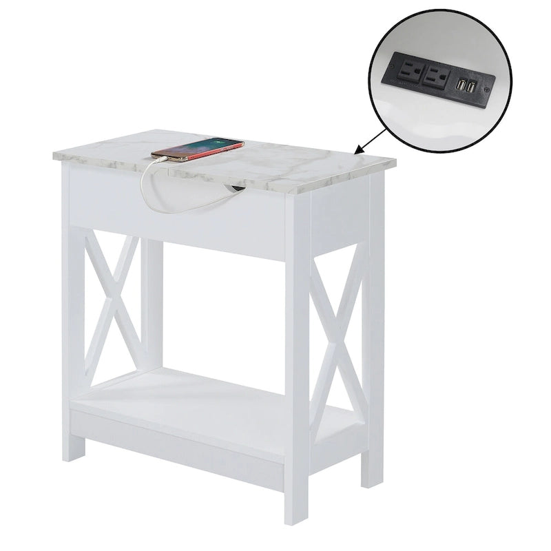 Flip Top End Table with Charging Station, 23.75"W x 11.25"D x 24"H, 2 USB Ports, 2 Outlets, Shelf, Coastal Style