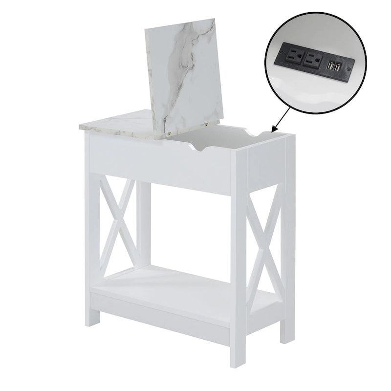 Flip Top End Table with Charging Station, 23.75"W x 11.25"D x 24"H, 2 USB Ports, 2 Outlets, Shelf, Coastal Style