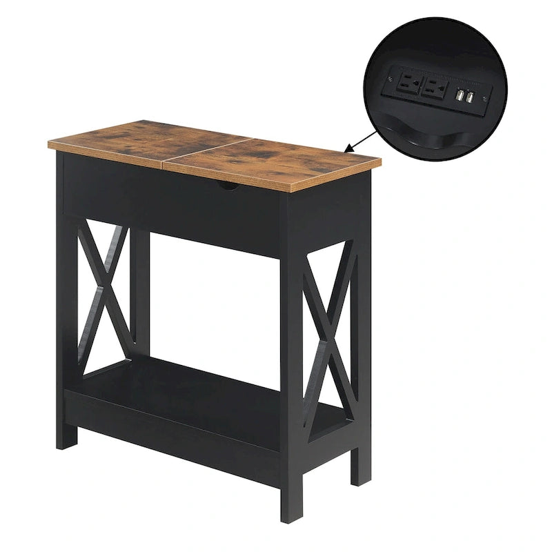 Flip Top End Table with Charging Station, 23.75"W x 11.25"D x 24"H, 2 USB Ports, 2 Outlets, Shelf, Coastal Style