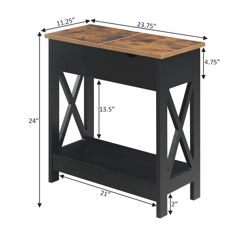 Flip Top End Table with Charging Station, 23.75"W x 11.25"D x 24"H, 2 USB Ports, 2 Outlets, Shelf, Coastal Style