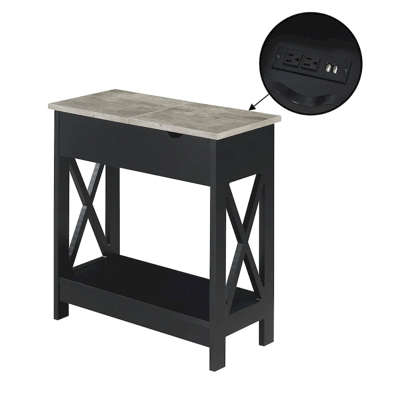 Flip Top End Table with Charging Station, 23.75"W x 11.25"D x 24"H, 2 USB Ports, 2 Outlets, Shelf, Coastal Style