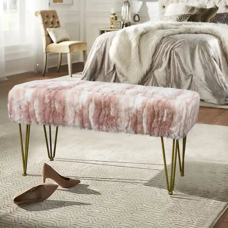 Soft Faux Fur Ottoman Bench Seat, Fuzzy Entryway Stool, 150 LBS Capacity, Modern Accent Seating for Bedroom Living Room