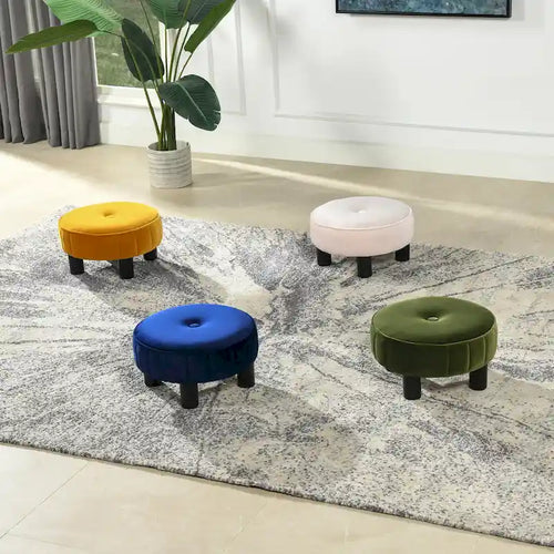 16" Round Footstool Ottoman - Mid-Century Modern with Vertical Tufting, Plush Upholstered Top, Solid Birchwood Frame, 200 lbs Capacity