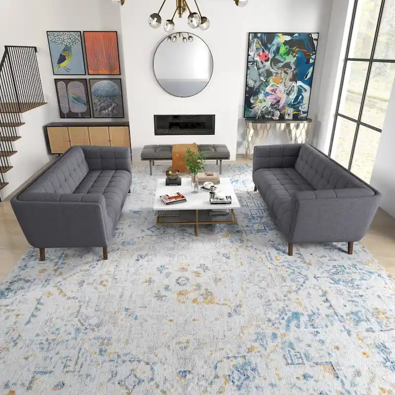 Mid-Century Velvet Sofa Set - 2-Piece Tufted Design, High-Density Foam, Removable Legs, Easy Clean Fabric, Matching Pair