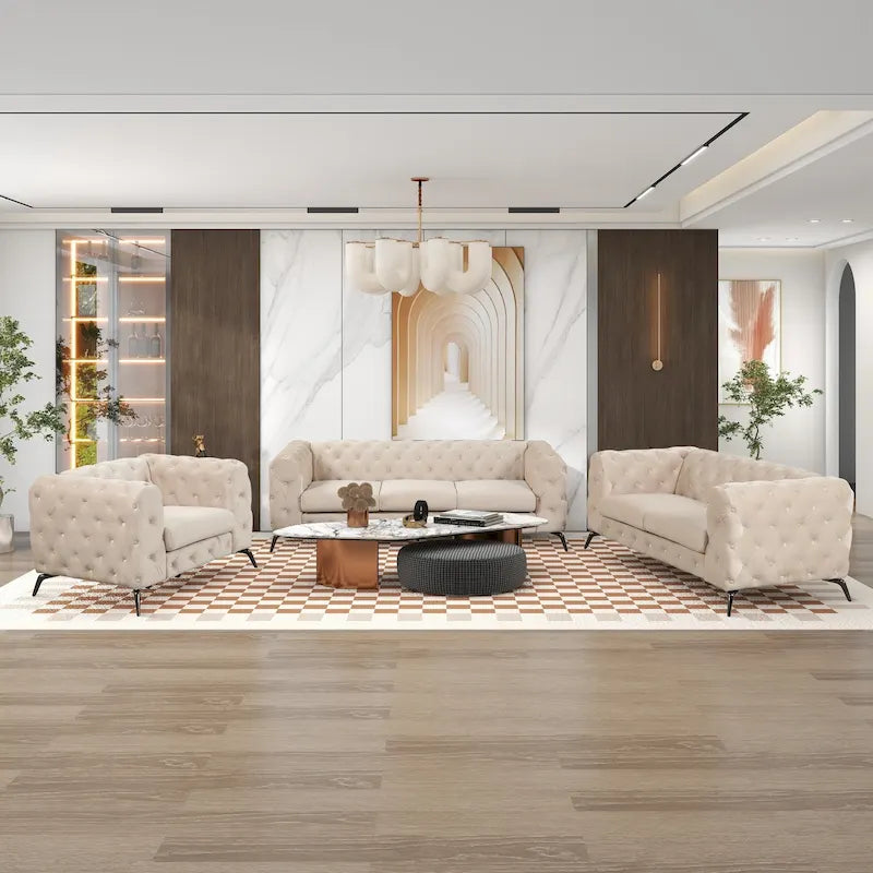 Velvet 3-Piece Sofa Set - Button-Tufted, 3-Seater, Loveseat & Chair, Pocket Spring & Foam, Metal Legs, 250 lbs Per Seat